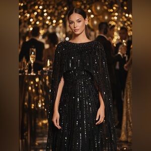 Macduggal Black Sequin beaded column Cape Gown 93869